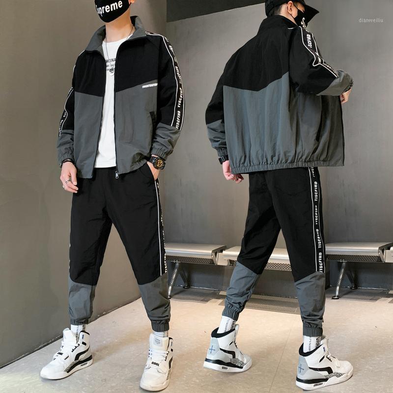 

Men Fashion Tracksuit Hip Hop Mens clothing Set Jacket And Pants 2 pieces Running Set Autumn Male Sportswear Streetwear Suits1, Black
