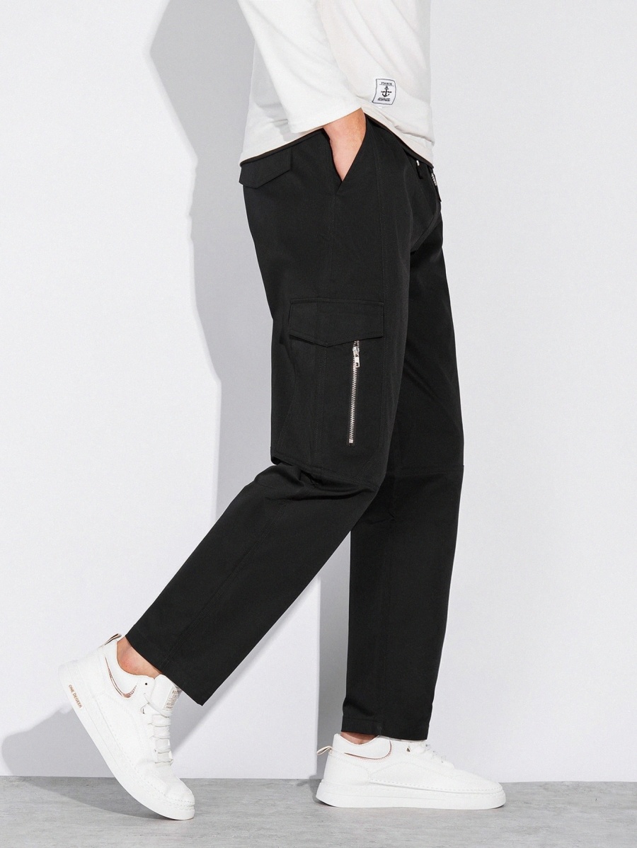

Men Zipper Detail Flap Pocket Side Drawstring Waist Pants e1ez#, Black
