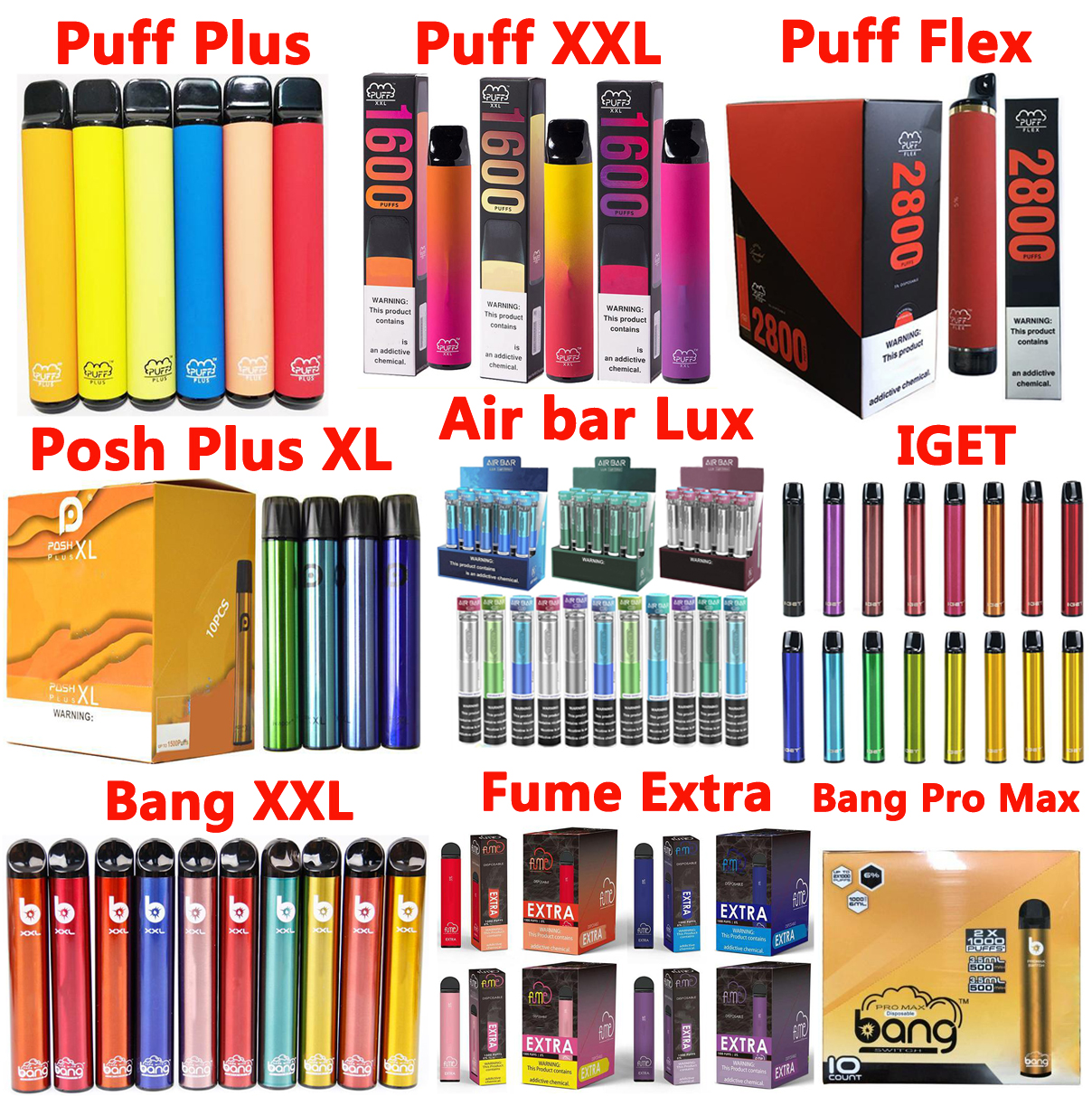

Puff Plus XXL Flex Posh Plus XL Disposable Vape Pen Pod Air bar Lux IGET Fume Extra Bang Pro Max XXL 800 1600 Puffs Electronic Cigarette Kit