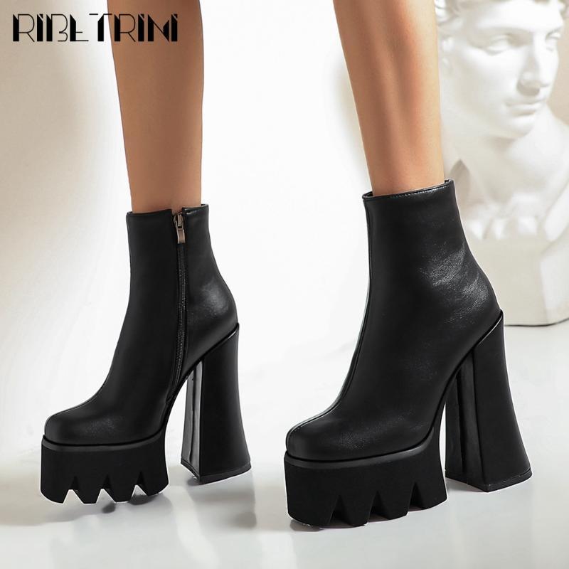 

RIBETRINI Female Round Toe Zipper Shoes Fashion Brand Platform Block Heel Winter Women Boots Black Fashion Boots1, Black style 1