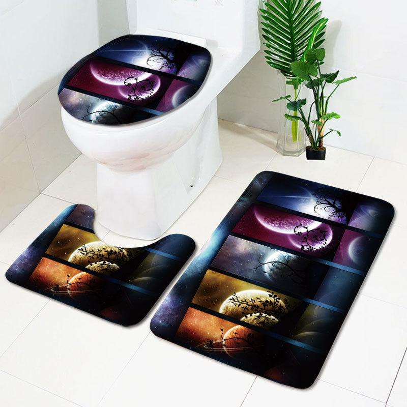 

3 Pcs Classical Universe Bathroom Door Mat Non-Slip Toilet Lid Decorative Cover Bath Mat Set Starry Sky Pattern Creative Decor