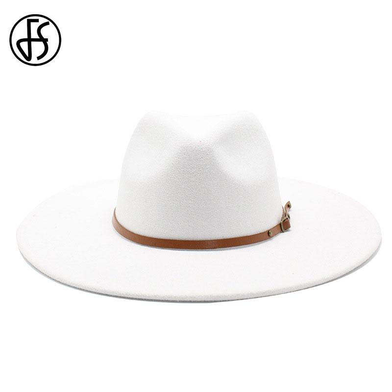 

Wide Brim Hats FS Big Imitation Wool Fedora Hat Women Men Felt With Metal Chain Decor White Panama Trilby Cowboy Jazz Cap Chapeau Sombrero
