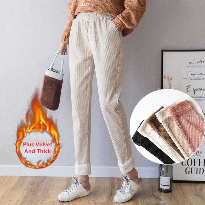

2020 Winter Warm Pants Women Plus Velvet High Waist Pencil Pants Womens Korean Trousers Leisure Thick Fleece Sports Sweatpants, Apricot ordinary