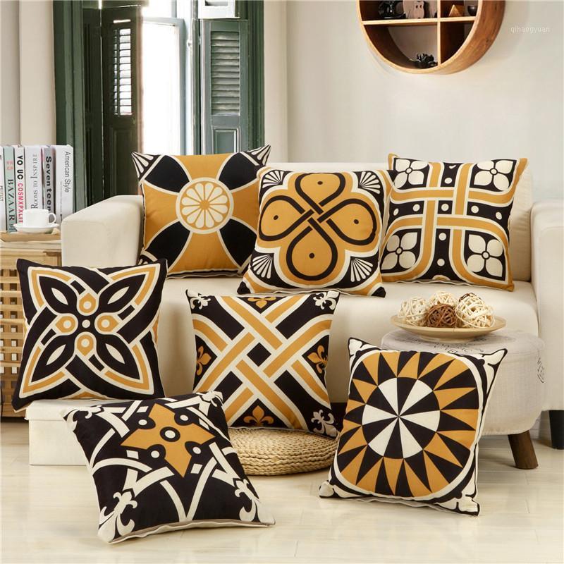 

Single Side Mandala Print Cushion Cover Abstract Geometric Linen Pillow Cover Black Yellow Color Fashion Car Waist Pillowcase1, Model 4