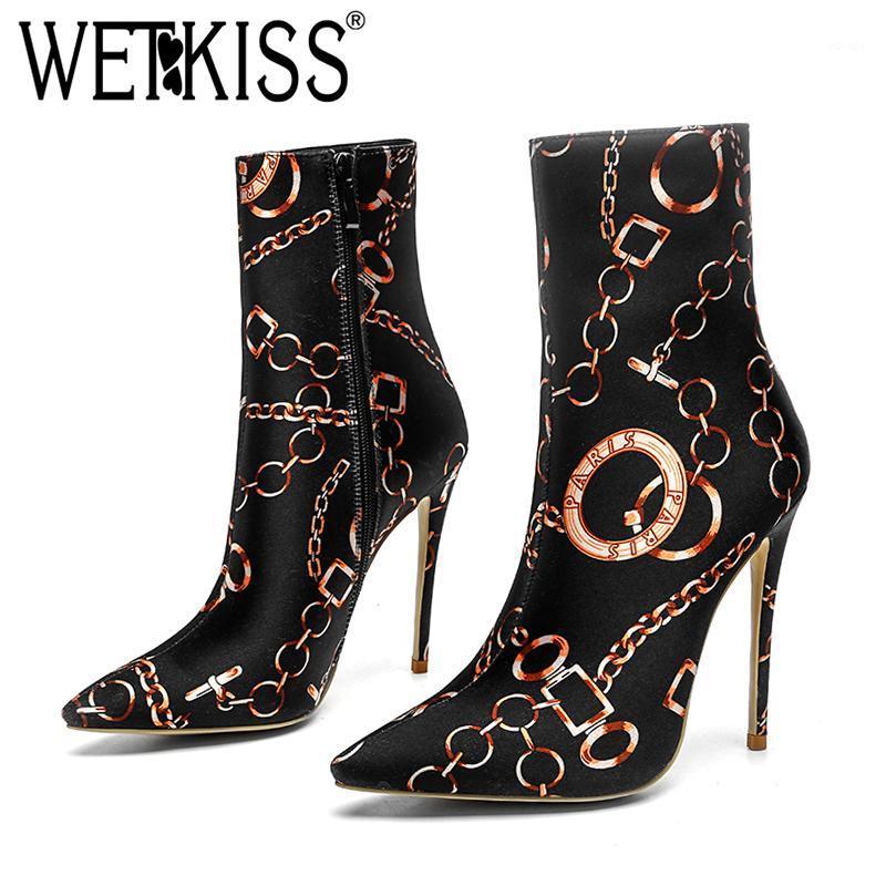 

WETKISS Satin Short Boots Women 2020 Warm Pointed Toe Printing Footwear Fashion High Heels Booties Zip Female Winter Shoes1, Black