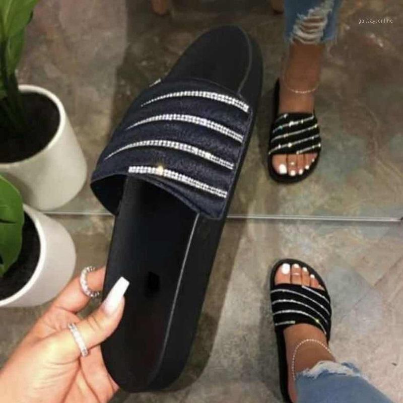 

Summer Women Flat Slippers Crystal Platform Sandals Beach Open Toe Ladies Shoes Black Pink Slides Flip Flops Big Size1