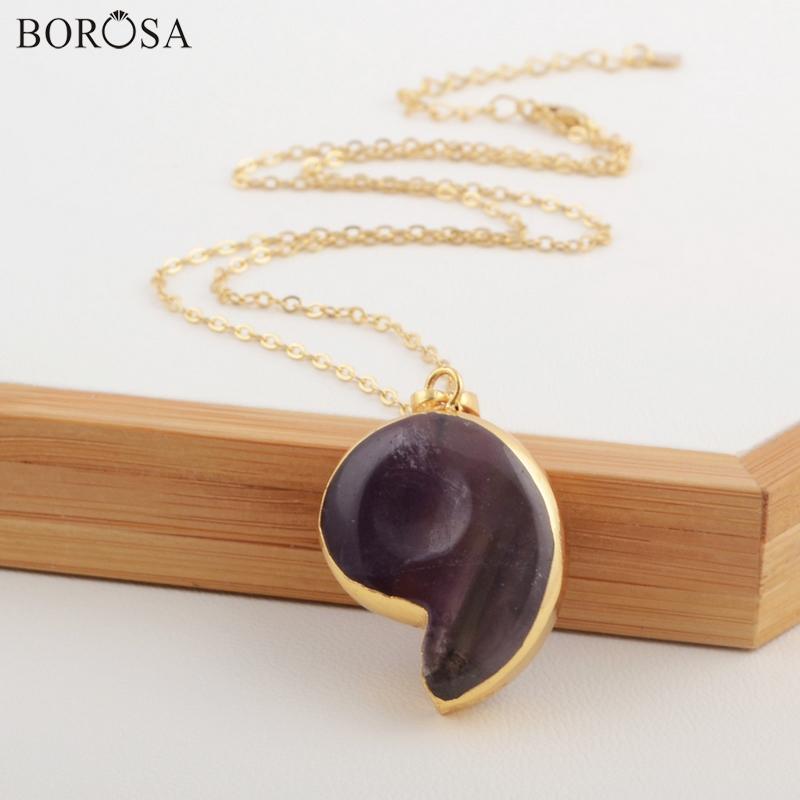 

BOROSA Gold Color Whole Ammonite Natural Multi-Color Fluorite Amethysts Healing Stone Necklace Dropship