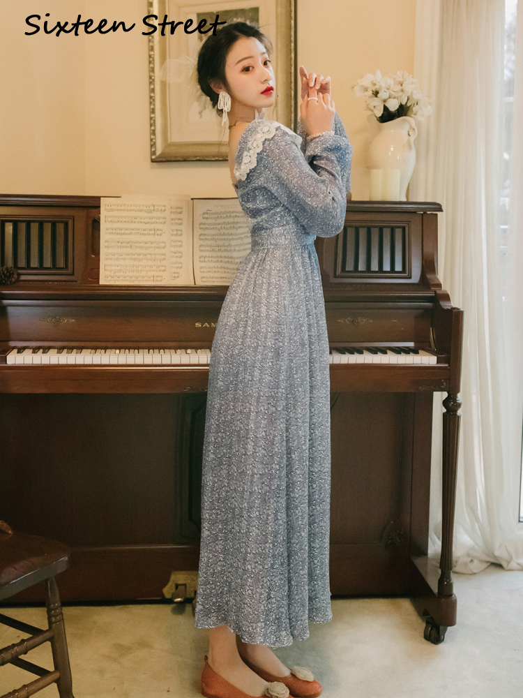 

2021 Female Summer Floral Printout Chiffon and Vintage Lace with Long Sleeves Dressed in Elegant Blue Party Dress M0dk