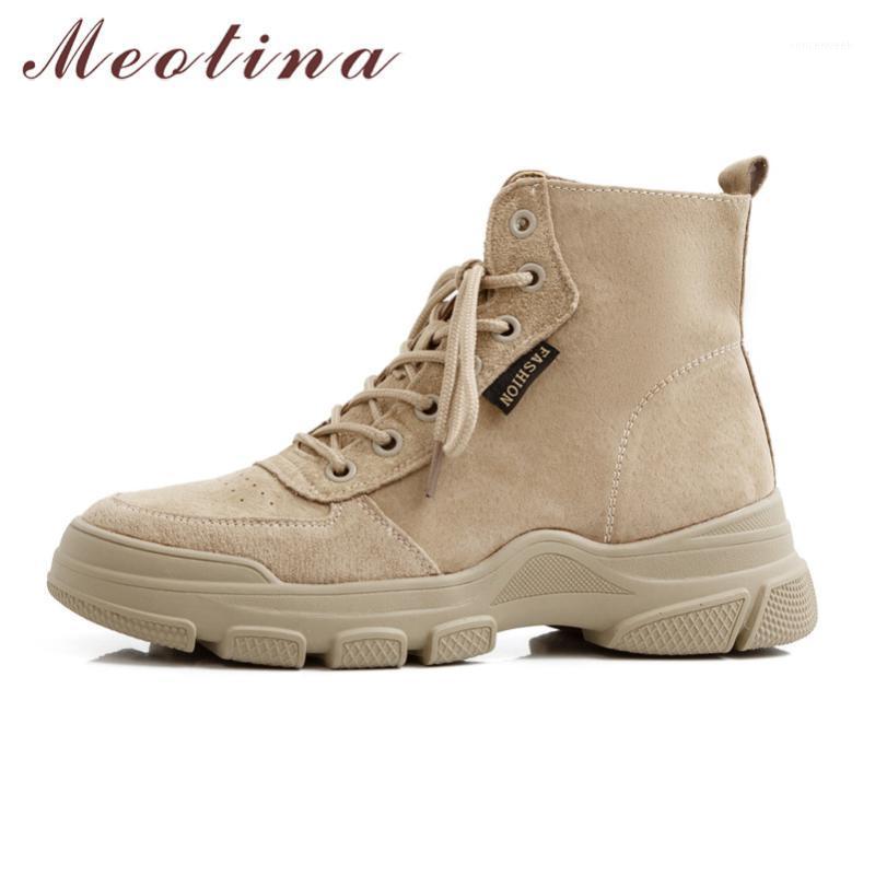 

Meotina Winter Ankle Boots Women Pig Suede Flat Platform Short Boots Real Leather Lace Up Round Toe Shoes Lady Autumn Size 34-391, Black