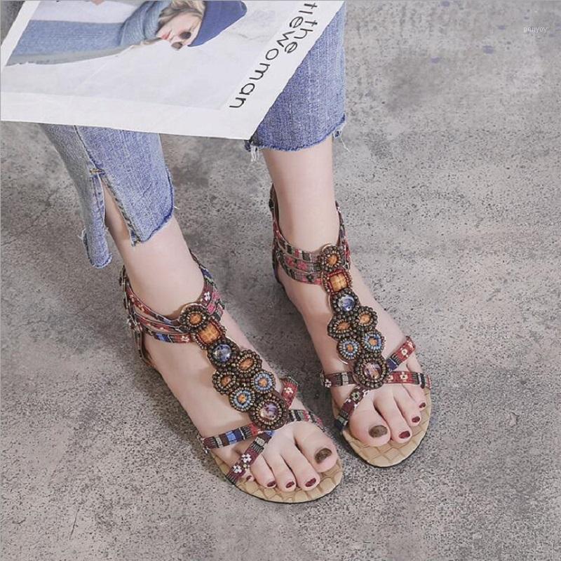 

Girl Beaded Crystal Leather Sandals Comfort Summer Flip Flops Fashion Bohemia Flat Sandals Beach Style1, Slipper red 38