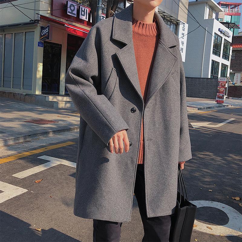 

2018 Winter New Students Solid Color Casual Woolen Coat Men' Loose Korean Version Of The Woolen Coat Gray / Black -XL1
