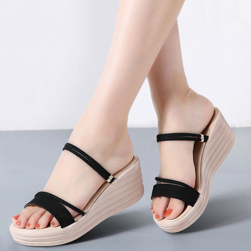 

2021 New Fashion Women Sandals Suede Leather Comfortable Summer High Heel Sandals Women Platform Black sandalia feminina, Beige