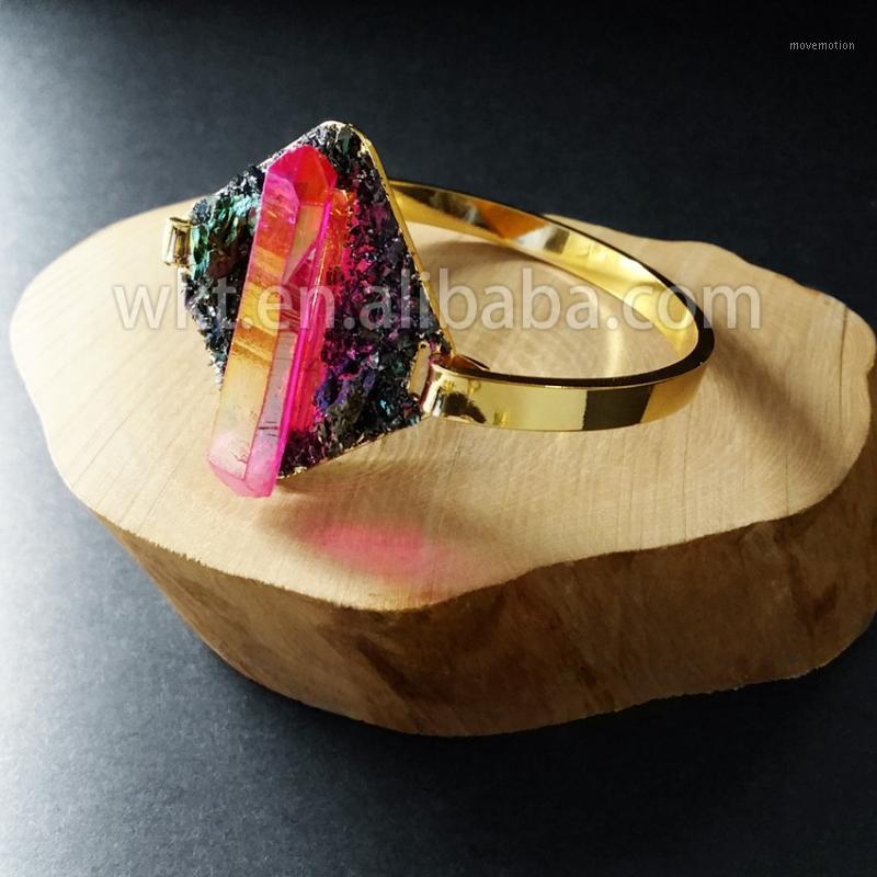 

WT-B237 Wholesale charm handmark bangles natural crystal quartz pyrite hand make unique 24k gold trim opening clasp bangles1