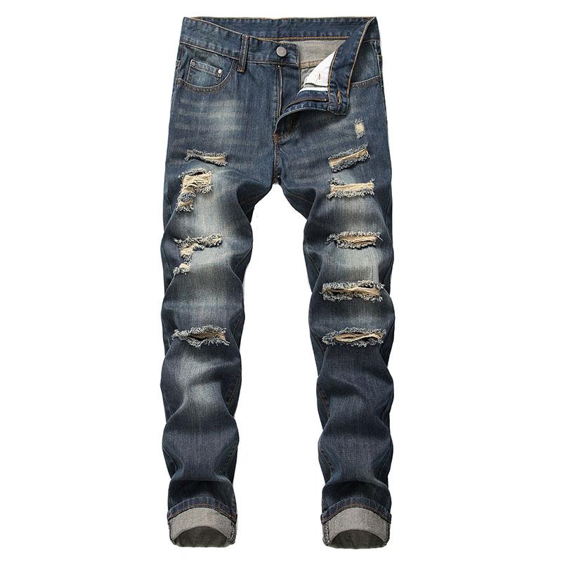

2021 Spring Arrival Men's Ripped Streetwear Destroyed Hip hop Bike Jeans Trendy Holes Straight Denim Pants Hombre Long Trouers, 305darkblue