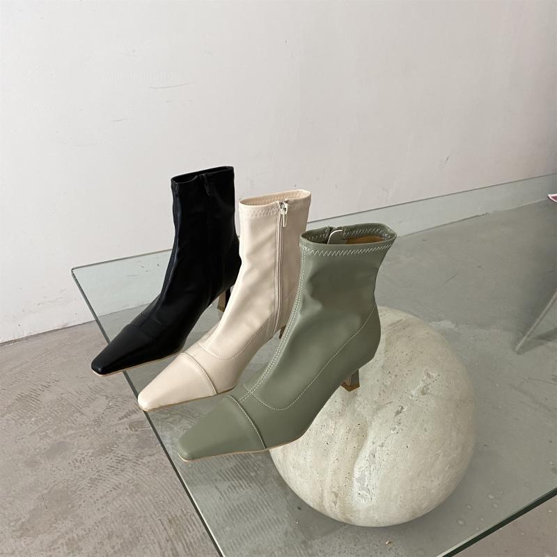 

Women's Mid Calf Boots Shoes Round Toe Rubber High Heel Ladies Mid-Calf Leather Pointy Low Solid Rome Basic Cotton Fabric
