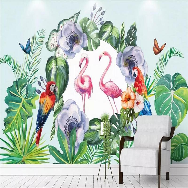 

Tropical rainforest plant flamingo background wall paper mural manufacturer wholesale wallpaper mural custom photo wall, As pic