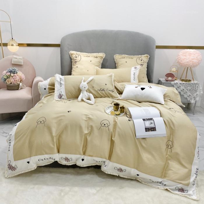 

Cute dog embroidery bedlinen Bedding Set King Queen Size Bed Linen 600TC egyptian Cotton Duvet Cover Bed Sheet Set Pillowcases1, As pic