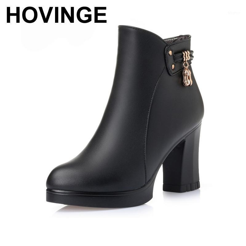 

HOVINGE Winter Fashion Shoes Woman Genuine Leather Boots Ladies Thick High Heel Ankle Boots Party Shoes1, Black thin lining