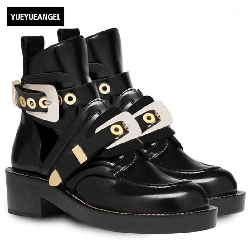 

Buckle Strap Thick Heel Ankle Boots Real Leather Women Hollow Out Punk Motorcycle Boots Runway Summer Shoes Plus Size 421, As pic
