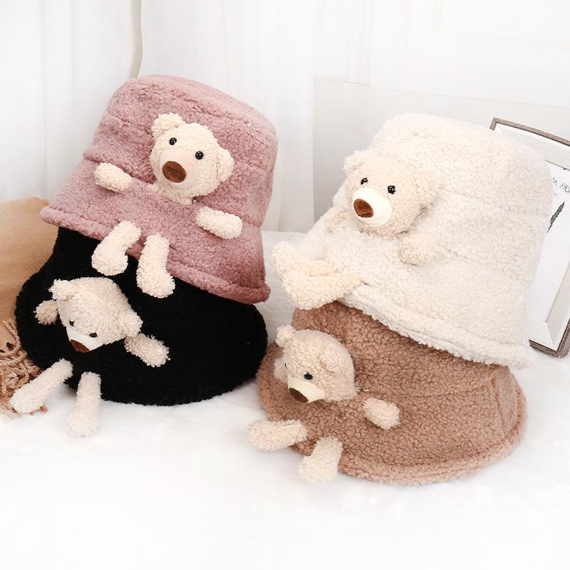 

Cute Little Bear Doll Warm Lamb Cashmere Fsherman Hat New Winter Cartoon Hat Pure Color Plush Basin Sun Travel Bucket, Black