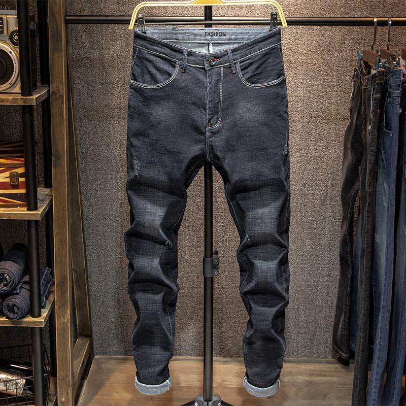 

Spring Slim Black Jeans Men Denim Distressed Bleached Pockets Solid Color Casual High Quality Cowboy Pencil Pants Male Wild, Blue