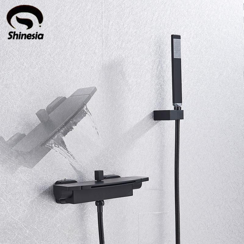 

Matte Black or Chrome Wall Mount Bathtub Faucet Hot Cold Switch ABS Plastic Hand Shower Waterfall oulet mixr faucets1