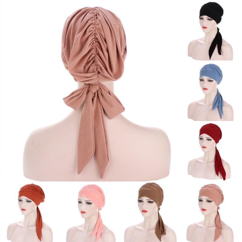 

Casual Ladies Headgear Accessories 7-color Long Tail Turban Hats Pleated Can Tie Hat Solid Color Baotou Chemo Beanie Hat Outdoor, Light red