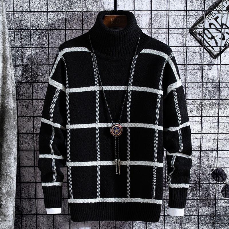 

Knitted Sweater Men Korean Clothes 2020 Winter Thick Warm Mens Plaid Sweaters Streetwear Fashion Turtleneck Men Pullover Warm, Black