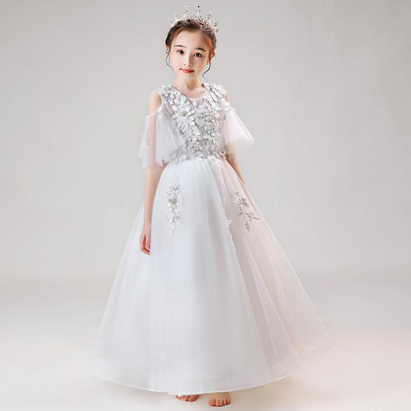 

Flower Girls Dresses Beading Embroidery Princess Ball Gown O-Neck Floor-Length Tulle Lace Pearls Crystal Kids Party Dress D171, White