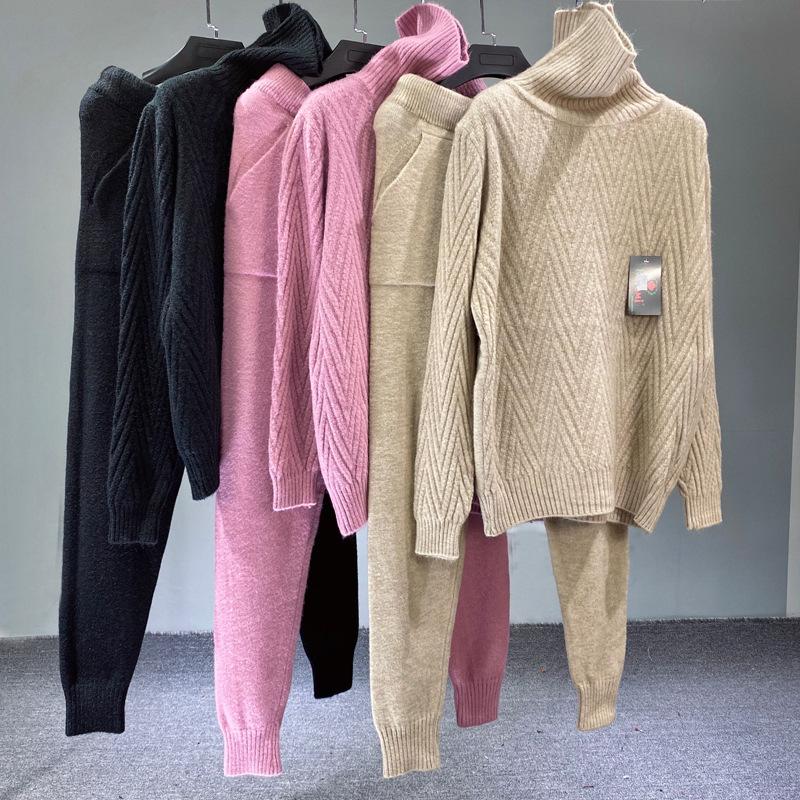 

Best sold Famous Two Piece Knitted Pant Sets Tracksuit Vintage high neck spring autumn knitwear Sporting Suit S2056, Black