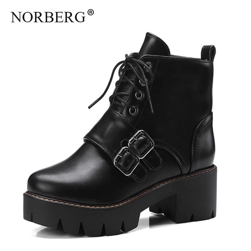 

NORBERG autumn / winter Rubber sole women boots round head boots thick with British wind retro belt buckle Lace-Up shoes, Black