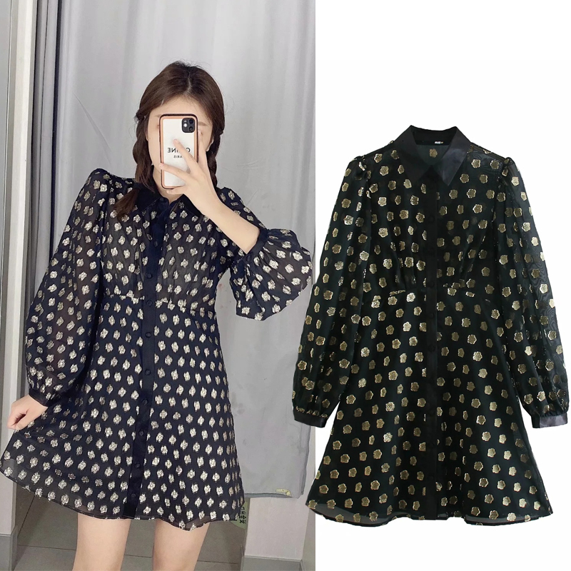 

2021 New Metallic Thread Black Shirt Women Fall Winter Vintage Puff Long Sleeve Mini Dress Ladies Floral Dresses Okw6