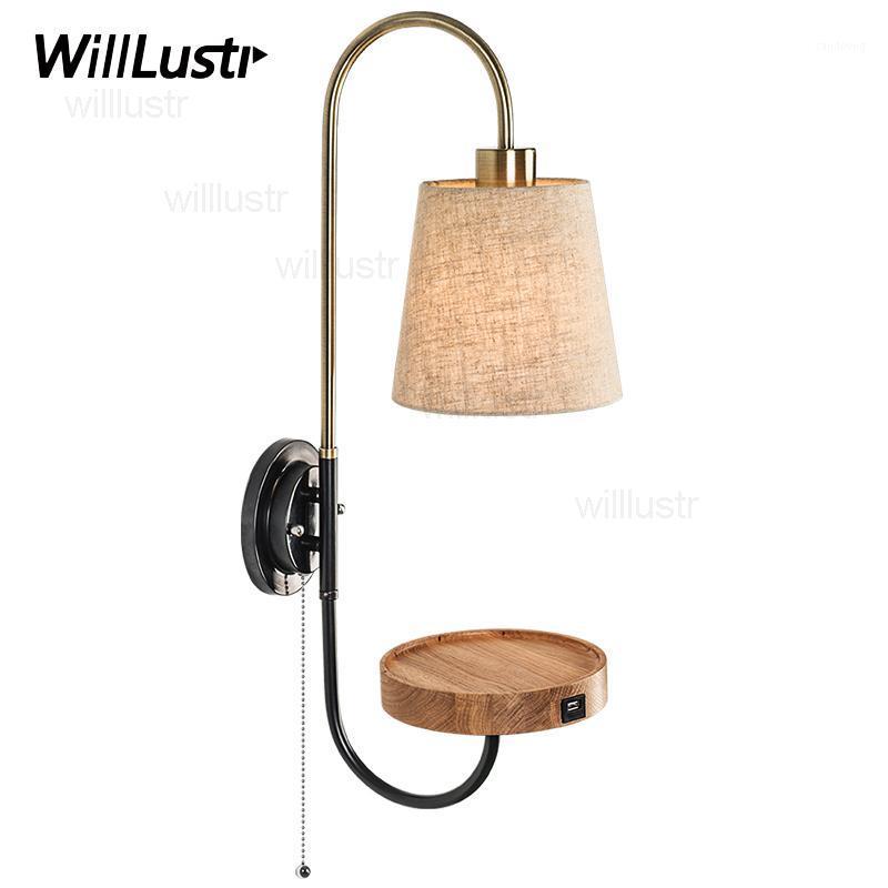 

New design wall Lamp with oak wood round table USB power interface modern nordic wall sconce bedside sofa side bedroom light1