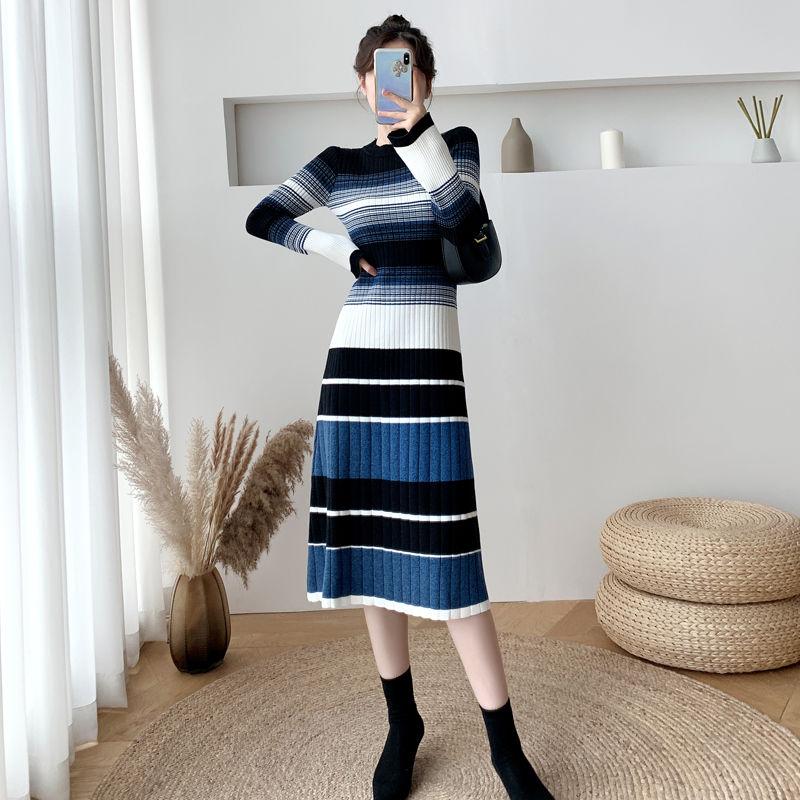 

Women 2021 Autumn Winter New Fashion Party Dress Knit Long Sleeve Round Neck Sweater Dresses Ladies Striped Slim Vestidos A446, Black