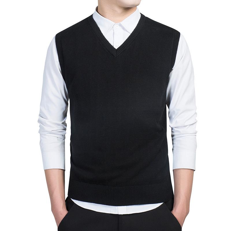 

Sweater Vest 100% Cotton Men's V-neck Sleeveless Soft High Quality Solid De Yq Clothing Knitted Casual Male Sweater Pull Homme, Black