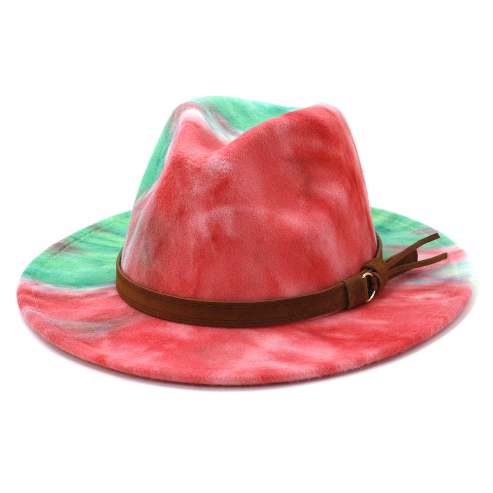 

2021 Tie Dye Wool Felt Jazz Fedora Hats for Women Lady Men Party Hat Wide Brim Panama Church Sombrero Cap Brown Belt Docor, Red