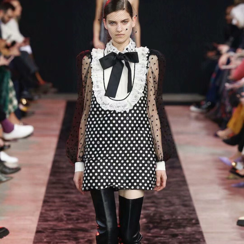 

New Fall Style Bowknot Sewing Sexy Lace Tulle Sleeve Long Print Character Mini Dress High Quality Dz31, Black