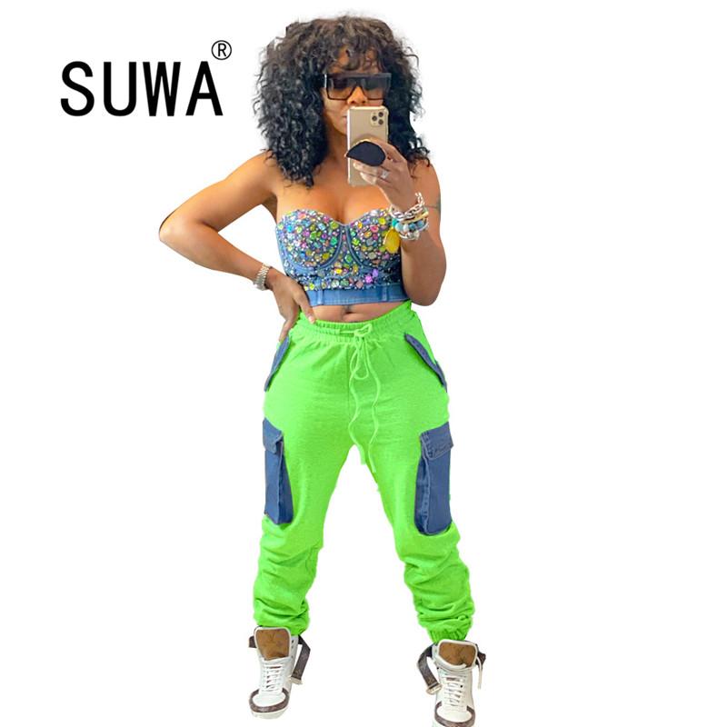 

Pockets Spliced Drawstring Trousers High Waist Tie Feet Pleated Casual Sports Cargo Pants Style Ankle-Length New, Black