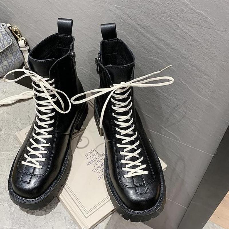 

Women Motorcycle Boots Punk Boots Black Square Head 2020 Autumn Comfortable Woman Shoes Lace-up PU Female, Beige