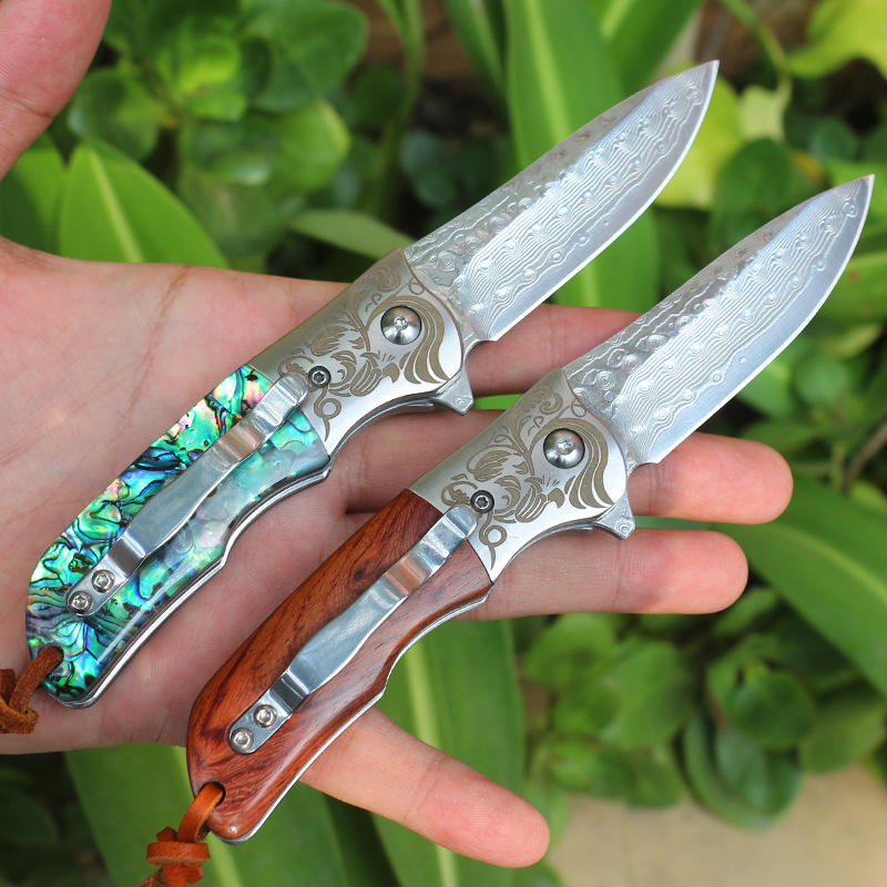 

two color handle linerlock damascus blade outdoor folding knife