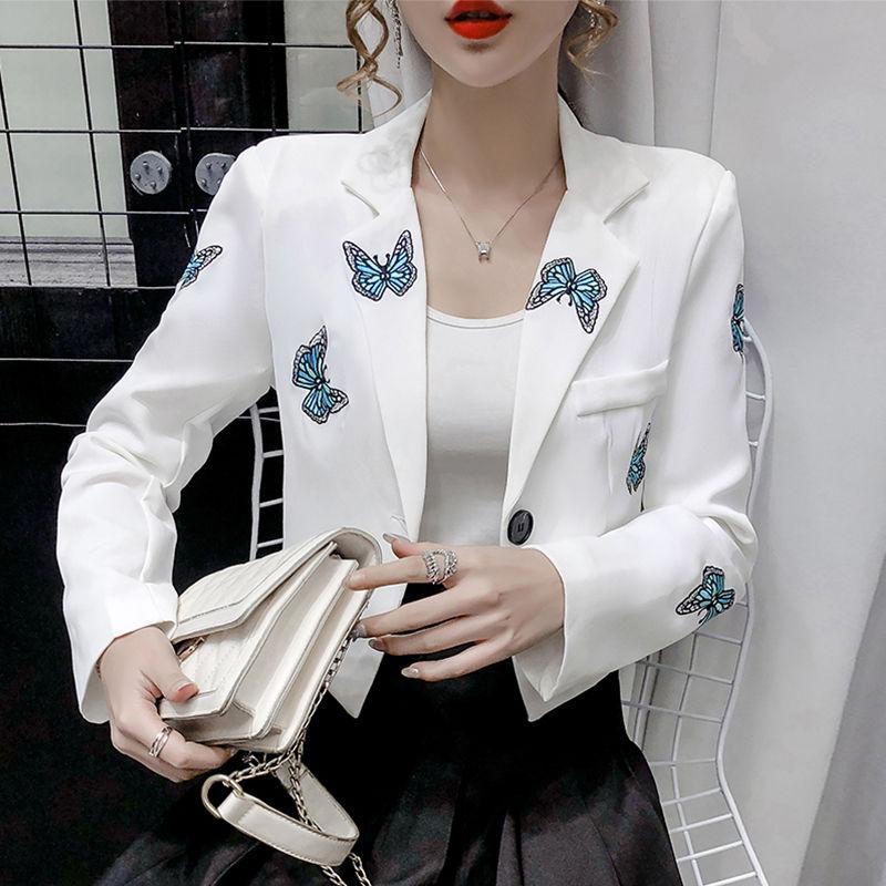 

Luck A Autumn Fashion Casual Notched Embroidery Butterfly Long Sleeve With Chain Single Breasted Blazer Coat Women Outwear, Black