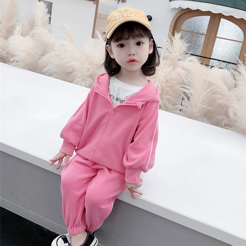 

2021 New Toddler Girls Coat+pant 2pcs/set Cotton Hooded Outfit Fashion Kids Sports Clothes Set 0-6y 2 Color Q990, Pink