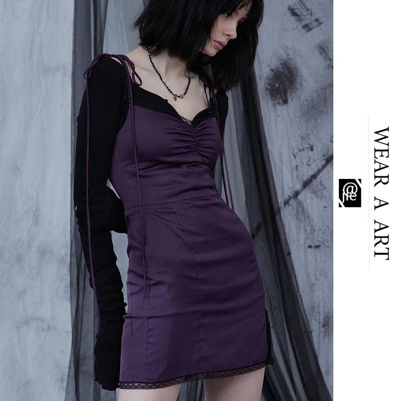 

Women Streetwear Fashion Black Lace UP Girl Mini Casual Purple Dress Female InsGoth Sexy Spaghetti Straps Bodycon Gothic Dresses Summer New