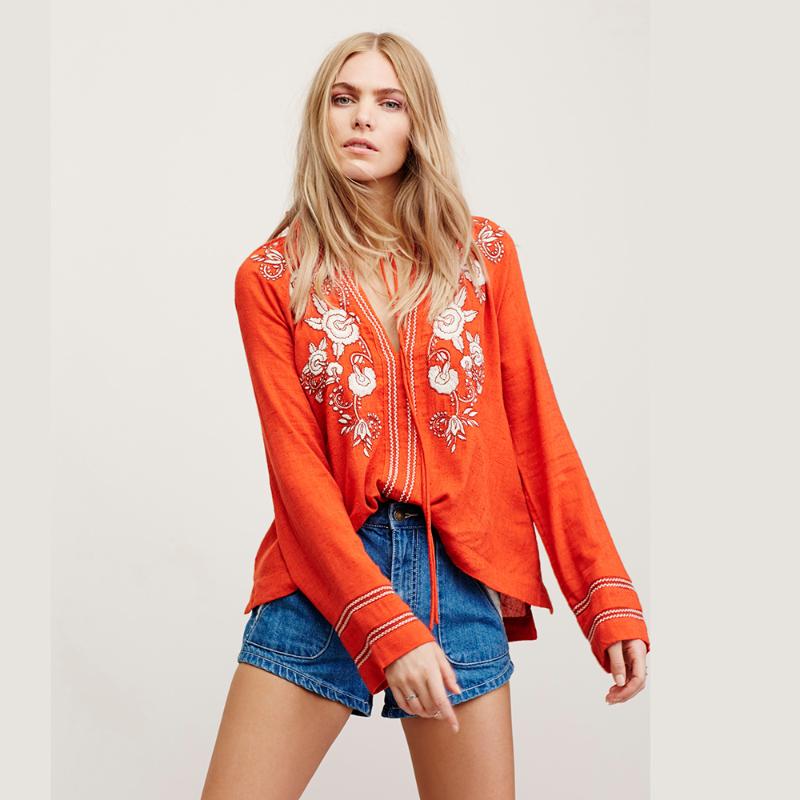 

V-Neck Boho Vintage Embroidery Sexy Tops Women High Low Hem Women Shirt Tops Long Sleeve Blouse Casual Chic Blusa Blouses