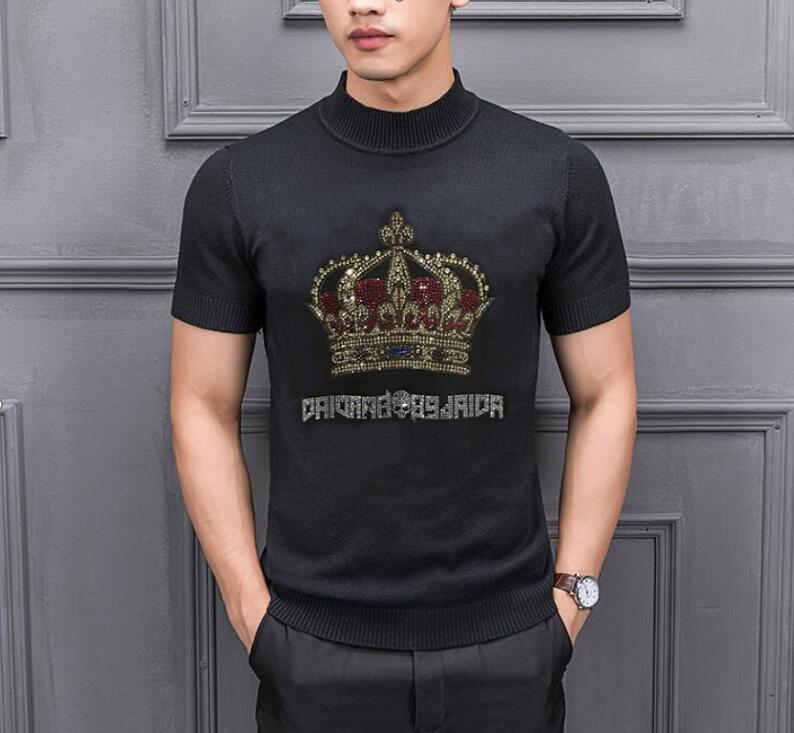 

Diamonds Summer Fashion Mens Sweaters Tshirt Slim Rhinestones Color O Collar Knitting Half Short Sleeve Knitted Male Pullover, Black