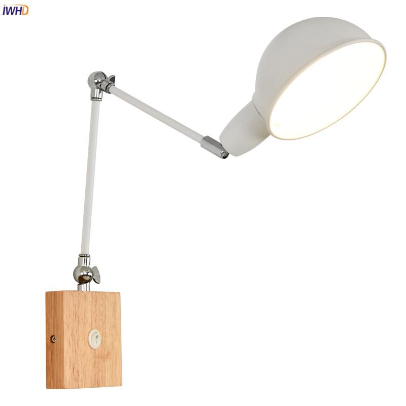 

IWHD Wooden White Modern LED Wall Lamp Beside Living Room Bedroom Swing Long Arm Wall Lights Fixtures Home Lighting Sconce