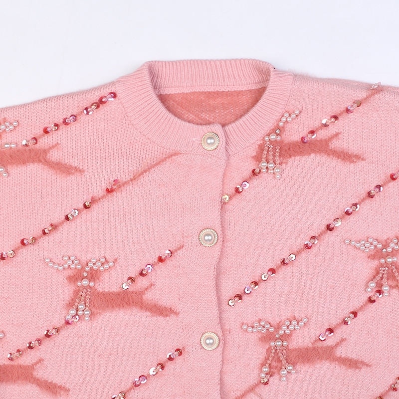 

New European the Neck Cardigans for Luxury Women Beautiful Beads Deer Loose Blouses Pink Sequins Outerwear Unique Breasted Tops P65o