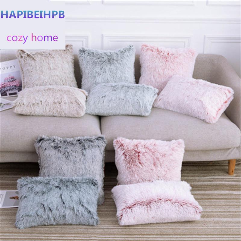 

SBB Newest fashion sofa Double plush pillow cover long hair bedside solid gradient cushion Plush Pillow Cover cozy home decorate, Pink