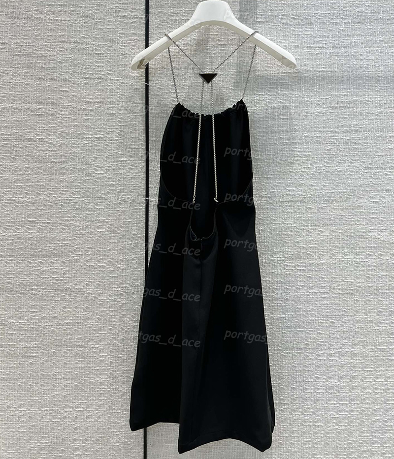 

Triangle Badge Black Dress Bead Chain Backless Dress for Women Womens Sexy Long Dresses, Black with label