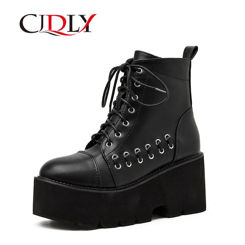 

CJDLY 2021 Gothic Style Punk Female Ankle Boots Autumen Winter Women Shoes Round Toe Lace-Up Thick High Heels Ladies Shos Black